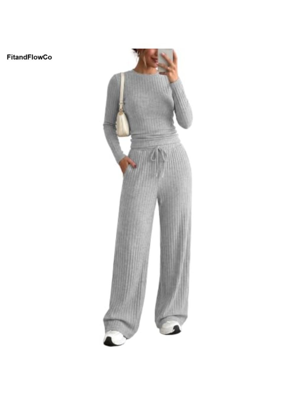 Ribbed Lounge Set Crew Neck Top Wide Leg Pants Casual 2pc